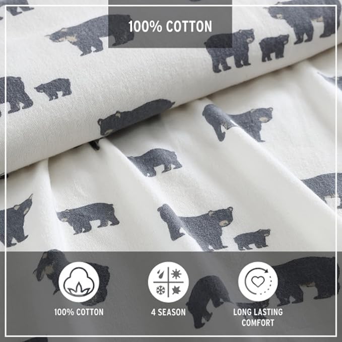 Eddie Bauer - Flannel Sheets Full Size, Anti-Pilling & Wrinkle Resistant Cotton, Touchably Soft for All-Season Comfort - Bed Sheets with Matching Pillowcases & Fitted Sheet (Bear Family Grey)