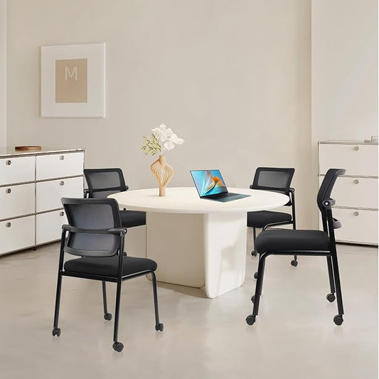CLATINA Stacking Armless Office Guest Chair with Wheels, Stackable Mesh Waiting Room Reception Desk Chairs with Adjustable Backrest for Conference Lobby Side School, Black