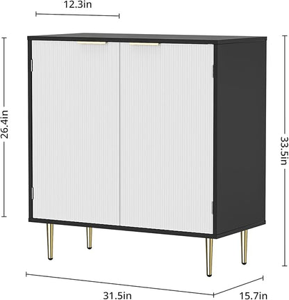 Buffet Sideboard Cabinet [Set of 2] with 4 Doors, Modern Cabinet with with Adjustable Shelf, Golden Handles & Legs, Coffee Bar Sideboard for Kitchen, Living Room, Black & White