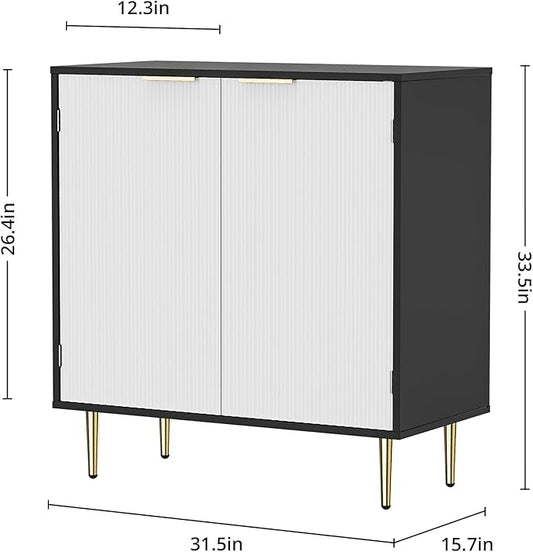 Buffet Sideboard Cabinet [Set of 2] with 4 Doors, Modern Cabinet with with Adjustable Shelf, Golden Handles & Legs, Coffee Bar Sideboard for Kitchen, Living Room, Black & White