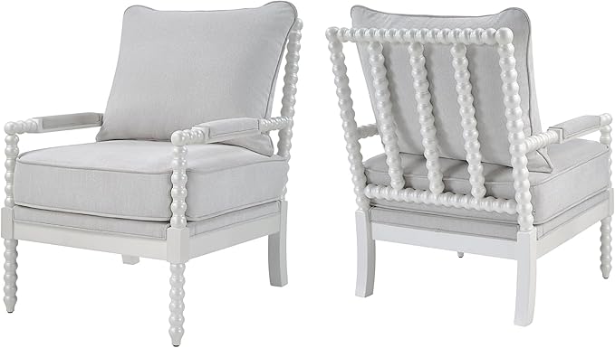 Morden Fort Linen Fabric Spindle Accent Chair with Wood Frame, French Style Accent Chairs with Padded Spring Seat and Armrest Pads, Brushed Base for Living Room Bedroom Farmhouse Office Balcony