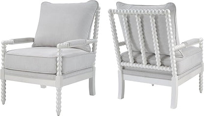 Morden Fort Linen Fabric Spindle Accent Chair with Wood Frame, French Style Accent Chairs with Padded Spring Seat and Armrest Pads, Brushed Base for Living Room Bedroom Farmhouse Office Balcony