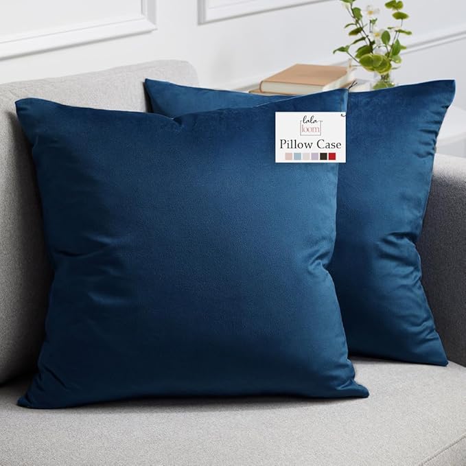 lalaLOOM Velvet Throw Pillow Covers, Set of 2, 18x18 Decorative Square Pillows Home Decor, Soft Accent Cases, Silky Machine Washable Pillowcases for Sofa, Couch, Bedroom, Living Room, Dark Blue