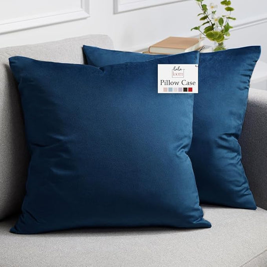 lalaLOOM Velvet Throw Pillow Covers, Set of 2, 18x18 Decorative Square Pillows Home Decor, Soft Accent Cases, Silky Machine Washable Pillowcases for Sofa, Couch, Bedroom, Living Room, Dark Blue