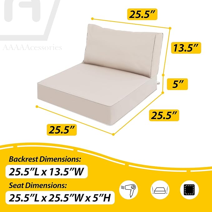 AAAAAcessories Outdoor Deep Seat Cushions, Waterproof, Fade-Resistant Patio Furniture Replacement Cushions, 25.5" x 25.5" x 5" + 25.5" x 13.5", Set of 4, Khaki Beige
