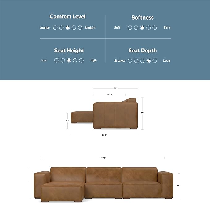 SIMPLIHOME Rex Left-Facing Modular Sectional Sofa in Full-Grain Genuine Leather, Caramel Brown, 122-inches Wide, Handcrafted Modern-Style 4-Seater L-Shaped Leather Couch with Left Chaise