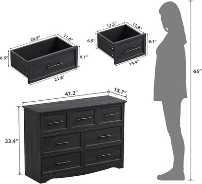 Black Farmhouse Dresser for Bedroom, Modern 7 Chest of Drawers, 47" Wide Chest of Drawers w/Brushed Metal Handle, Wood Dresser TV Stand and Storage Cabinet for Bedroom, Living Room, Hallway
