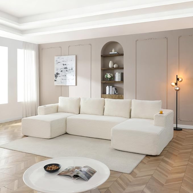 132 Inch Modular Sectional Sleeper Sofa, Boneless Cloud Couch for Living Room, U Shaped 5 Seat Sofa with 2 Cup Holders, Free Combination, No Assembly Required (Beige)