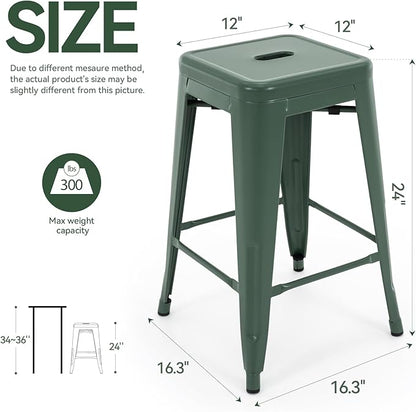 Vogue Furniture Direct 24 Inch Metal Bar Stools, Backless Counter Height Barstools, Indoor Outdoor Stackable Stools with Square Seat, Set of 2 (Dark Green)