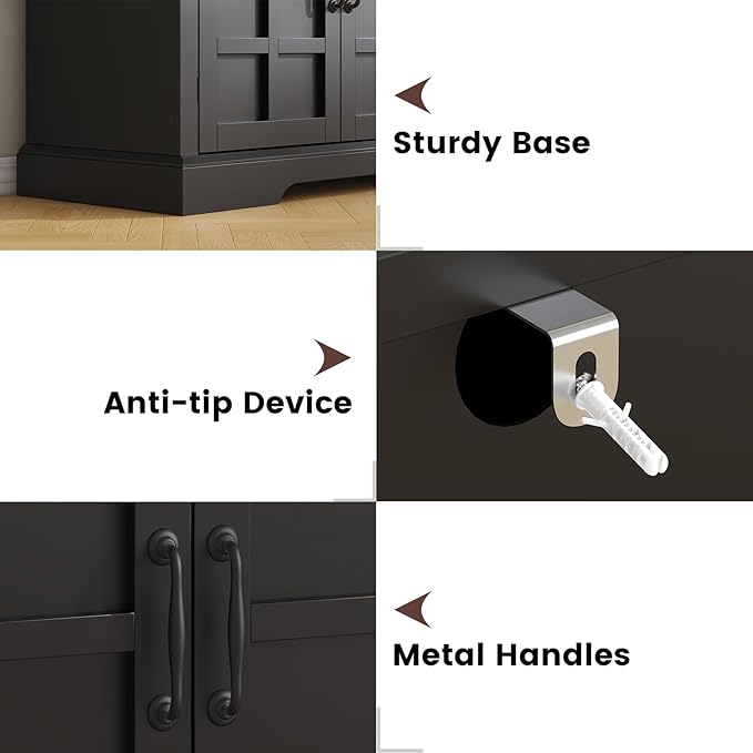 70" Sideboard Buffet Cabinet with Storage, Coffee Bar Cabinet with and 4 Doors, Long Wider Storage Cabinet Modern Farmhouse, Black Wood, for Kitchen, Dining Room, Living Room