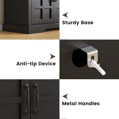70" Sideboard Buffet Cabinet with Storage, Coffee Bar Cabinet with and 4 Doors, Long Wider Storage Cabinet Modern Farmhouse, Black Wood, for Kitchen, Dining Room, Living Room