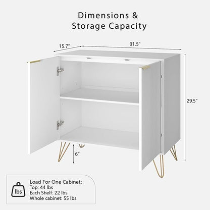 Fluted Storage Cabinet, 2 Doors Sideboard Buffet Cabinet, Modern Wood Accent Cabinet with Adjustable Shelves, Console Table for Living Room, Hallway, Entryway, White