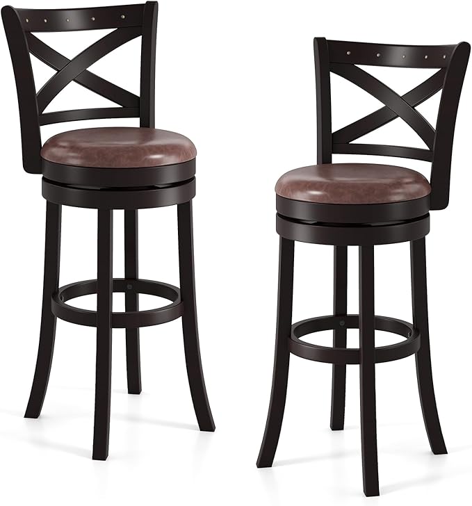 COSTWAY Bar Stools Set of 2, 30" Swivel Bar Height Bar Chairs with Copper Nails, Upholstered Seat, X-Shaped Backrest, Solid Rubber Wood Frame, for Kitchen Island Pub Bar