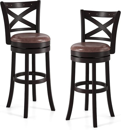 COSTWAY Bar Stools Set of 2, 30" Swivel Bar Height Bar Chairs with Copper Nails, Upholstered Seat, X-Shaped Backrest, Solid Rubber Wood Frame, for Kitchen Island Pub Bar