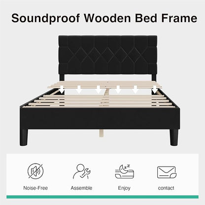 Novilla Full Size Bed Frame, Full Bed Frame with Headboard, Velvet Upholstered Pull-Point Headboard, No Box Spring Needed, Heavy Duty Feet, Easy Assembly, Black Velvet