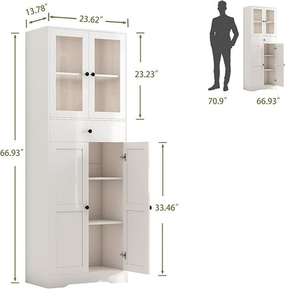 Tall Bathroom Storage Cabinet with Glass Doors, 67" Tall Freestanding Linen Cabinet with Adjustable Shelves, Floor Standing Organizer for Bathroom, Living Room, Kitchen, (White)