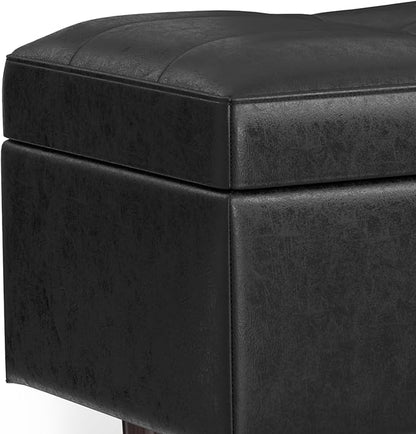 SIMPLIHOME Shay 48 inch Wide Mid Century Modern Rectangular Storage Ottoman in Distressed Black Vegan Faux Leather, Assembled, for The Living Room, Entryway and Family Room