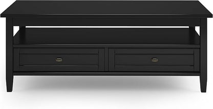 SIMPLIHOME Warm Shaker Coffee Table - 48 inch Wide Solid Wood Cocktail Table in Black, Transitional Living Room Table with 2 Storage Drawers and Open Shelf for Sitting Area or Lounge