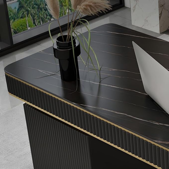 RUNNUP Stone top Computer Desk with 5 Drawers, Rectangular Home Computer Desk Writing Desk, Modern Executive Desk, Without Chairs, Black, 55" L x 23.5" W x 29.5" H