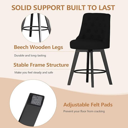 MINCETA Set of 2 Upholstered Bar Stools - 26 Inch Swivel Counter Height Stools with Low Tufted Back, Footrest & Performance Fabric - Round Seat for Kitchen Island & Home Bar Black