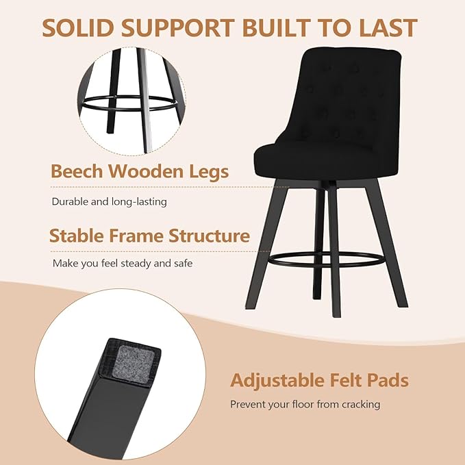 MINCETA Set of 4 Upholstered Bar Stools - 26 Inch Swivel Counter Height Stools with Low Tufted Back, Footrest & Performance Fabric - Round Seat for Kitchen Island & Home Bar Black