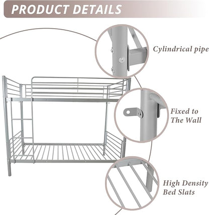 Karl Home Grey Bunk Bed Twin Over Twin, Metal Bunk Bed with Built-in Ladder and Safety Guardrail, Space-Saving Bunk Beds for Kids, Teens & Adults, No Box Spring Needed