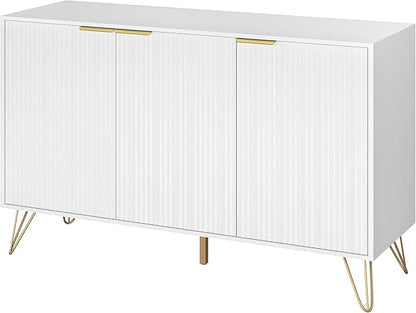 Fluted Buffet Cabinet,Wooden Console Storage with 3 Doors and Adjustable Shelves,White Sideboard for Entryway,Kitchen,Bathroom,Home Office