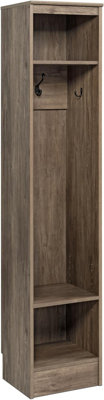 Prepac Narrow Coat Rack Freestanding Hall Tree with 3 Hooks, Entryway Furniture for Coat and Shoe Storage, Entryway Organization with an Adjustable Shelf, 14.75"W x 72.5"H x 15.5"D, Drifted Gray