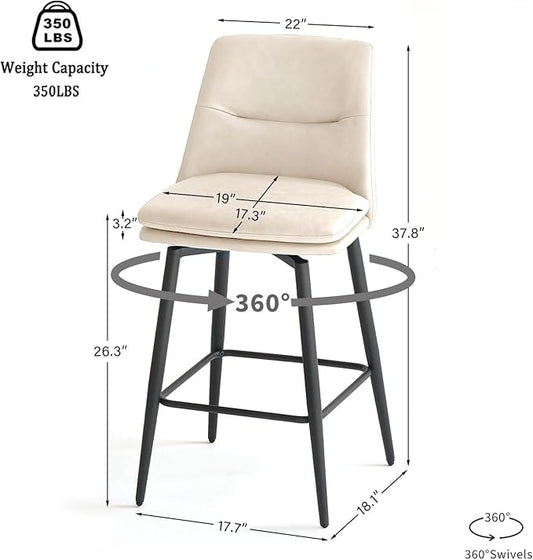 Beige Counter Height Bar Stools Set of 2, 26 Inch Seat Height with Back and Metal Legs, 360° Swivel Upholstered Faux Leather Swivel Bar Stools
