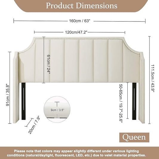 Lucky Monet Luxurious Headboard Only Queen Size with Wingback, Velvet Upholstered Tufted Headboard with Nailhead Decor for Bed, Adjustable Height Curved Head Board Vertical Channel Design (Cream)