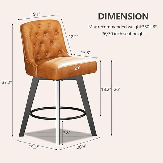MINCETA Bar Stool, PU Leather Barstool, 26 Inch Upholstered Counter Stool with Low Tufted Back and Footrest, Swivel Counter Height Barstool for Kitchen Island Home Bar Brown