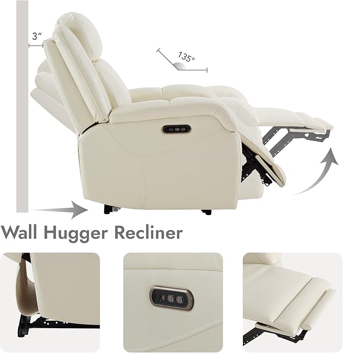 Watson & Whitely Oversized Genuine Leather Power Recliner Chairs for Big and Tall, Wall Hugger Recliner with Power Headrest & Charging Ports, Extra Large Reclining Chair for Living Room, Cream