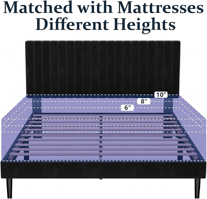 Full Size Platform Bed Frame with Velvet Upholstered Headboard, Full Bed Frame with Strong Wood Slats, Mattress Foundation, Box Spring Optional, Easy Assembly, Black