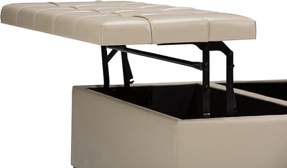 SIMPLIHOME Harrison Coffee Table Storage Ottoman - 36 inch Wide Upholstered Vegan Leather Square Lift-Top Ottoman in Satin Cream, Transitional Ottoman for Living Room with Hidden Storage