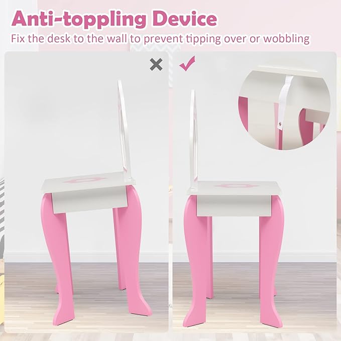 HONEY JOY Kids Vanity, Toddler Makeup Table with Mirror and Stool, Wooden Pretend Play Vanity for Little Girls, Detachable Mirror and Storage Drawer, Kids Vanity Table and Chair Set (Pink)