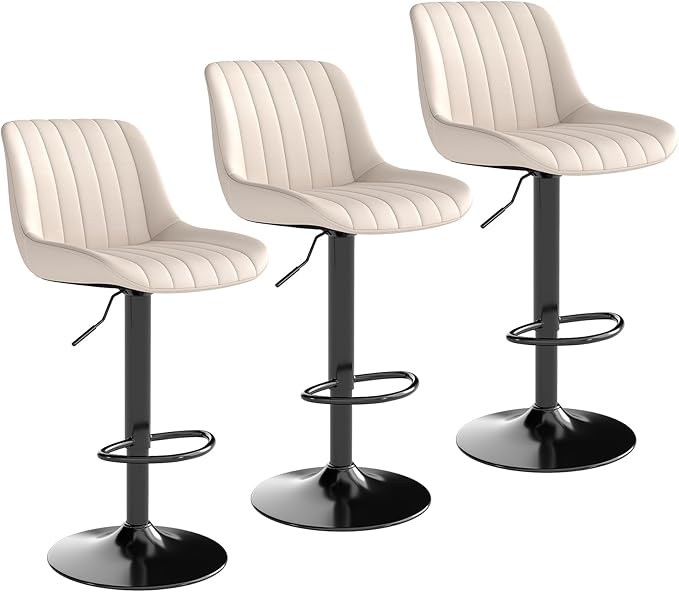 Youhauchair Bar Stools Set of 3, Swivel Counter Height Barstools with Back, Adjustable PU Leather Bar Chairs, Modern Armless Kitchen Island Stool, Beige