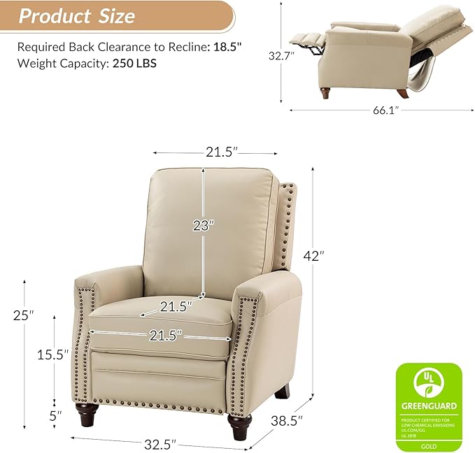 HULALA HOME Genuine Leather Recliner Chair Set of 2, Push Back Recliner Armchair with Thick Seat and Backrest, Comfy Adjustable Home Theater Single Recliner w/Nailhead Decor for Living Room(Beige)