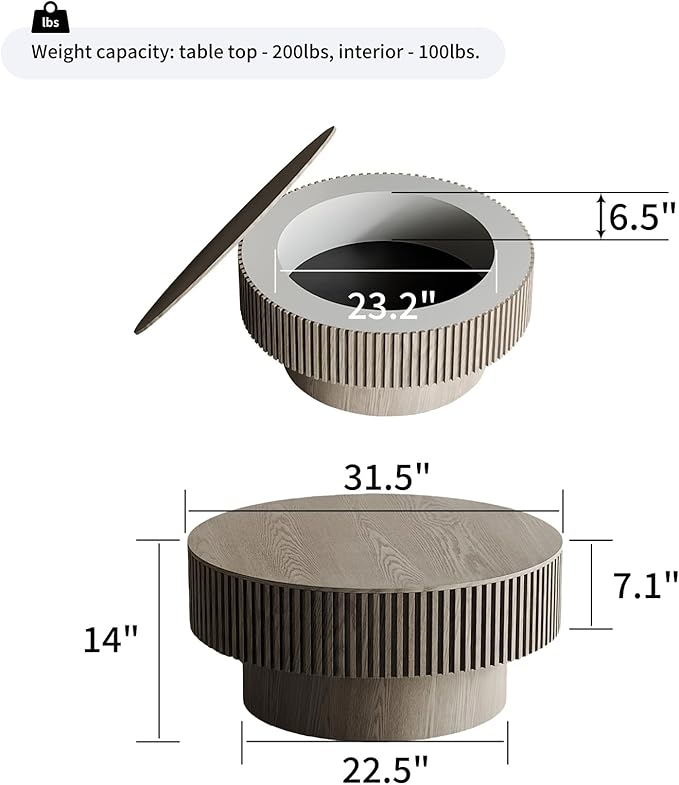 31.5'' Round Coffee Table for Living Room, Fluted Coffee Tables with Hidden Storage, Solid Wood Veneered Circle Modern Tea Table for Small Space Apartment (Grey-31.5''D×14''H)