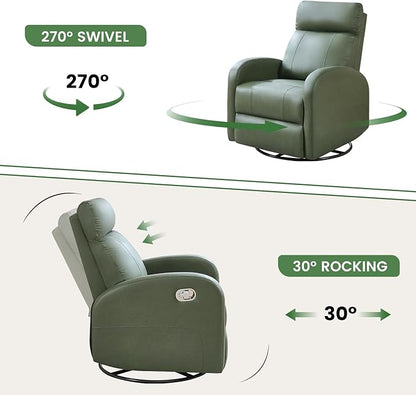 Swivel Rocker Recliner, Faux Leather Rocking Recliner Chair with Manual Adjustable Footrest, Reclining Chair Nursery Glider Recliners for Small Spaces, Living Room, Dark Green