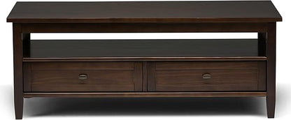 SIMPLIHOME Warm Shaker Coffee Table - 48 inch Wide Solid Wood Cocktail Table in Tobacco Brown, Transitional Living Room Table with 2 Storage Drawers and Open Shelf for Sitting Area or Lounge
