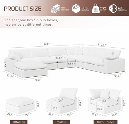 253" Oversized Cloud Modular Sectional Sofa,7 Seat Down Filled Sofa,Comfy Deep Seat Couch with Reversible Chaise & Cushions,Couch Cover Washable and Replaceable,White