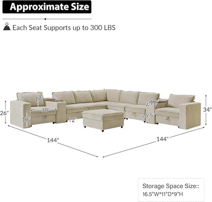 EcoHarbor Living Modular Sectional Sofa, Oversized L/U Shaped Couch with Console, USB Charger, Cup Holder, Storage, Ottoman, Convertible Couches for Living Room Bedroom Apartment, Beige