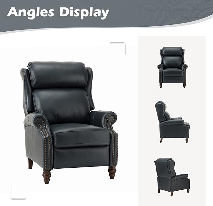 HULALA HOME Genuine Leather Recliner Chair, Traditional Manual Pushback Comfy Seating for Living Room, Thick Cushion & Solid Wood Legs, Wingback Recliner with Nailhead Trim, Navy-S2