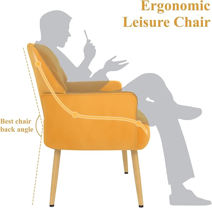Velvet Accent Chair, Mid Century Modern Accent Chairs for Living Room, Comfy Upholstered Armchair with Metal Legs for Bedroom/Apartment/Office/Waiting Room, Yellow
