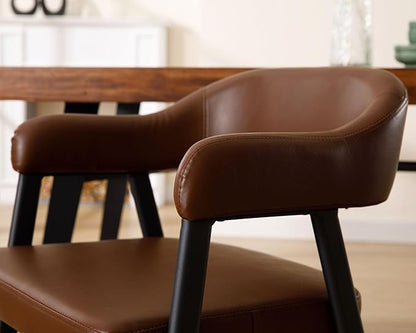 HNY Modern Dining Room Arm Chairs Set of 4, Retro Faux Leather Upholstered Barrel Dining Chairs with Arms Mid-Century Brown Accent Chair with Metal Legs, Open-Back Kitchen Side Chair for Living Room