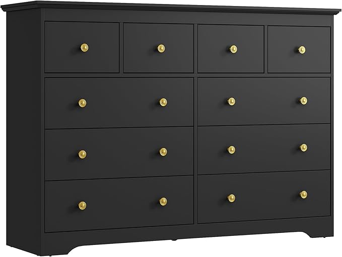 Black Dresser for Bedroom, 10 Drawer Dresser with Large Drawers, 55 Inch Wide Wood Chest for Living Room, Hallway