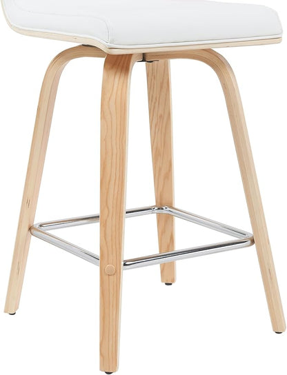 Vienna Modern Counter Height Swivel Bar Stool with White Faux Leather Seat and Patterned Oak Wood Frame Set of 4