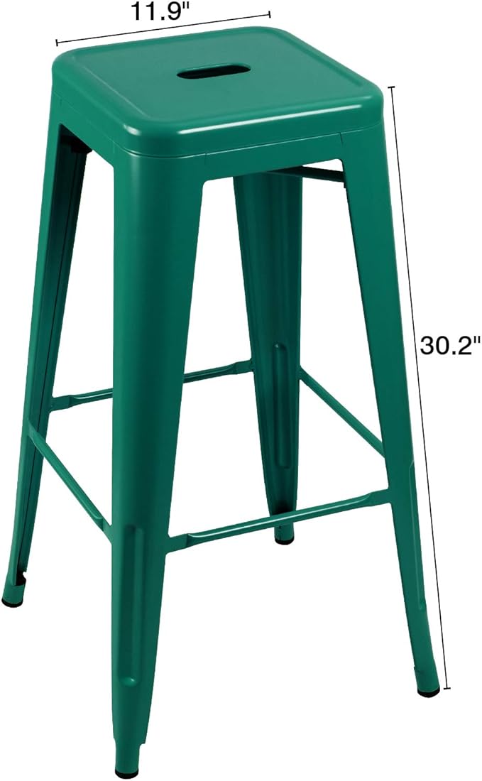 Furniwell 30 Inches Metal Bar Stools High Backless Tolix Indoor-Outdoor Stackable Barstool with Square Counter Seat Set of 4 (Green)