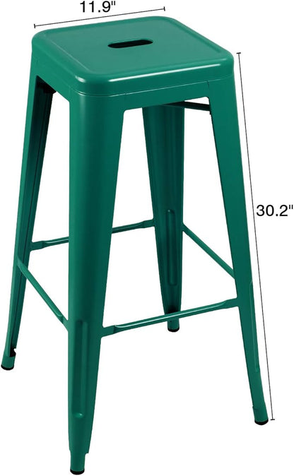 Furniwell 30 Inches Metal Bar Stools High Backless Tolix Indoor-Outdoor Stackable Barstool with Square Counter Seat Set of 4 (Green)