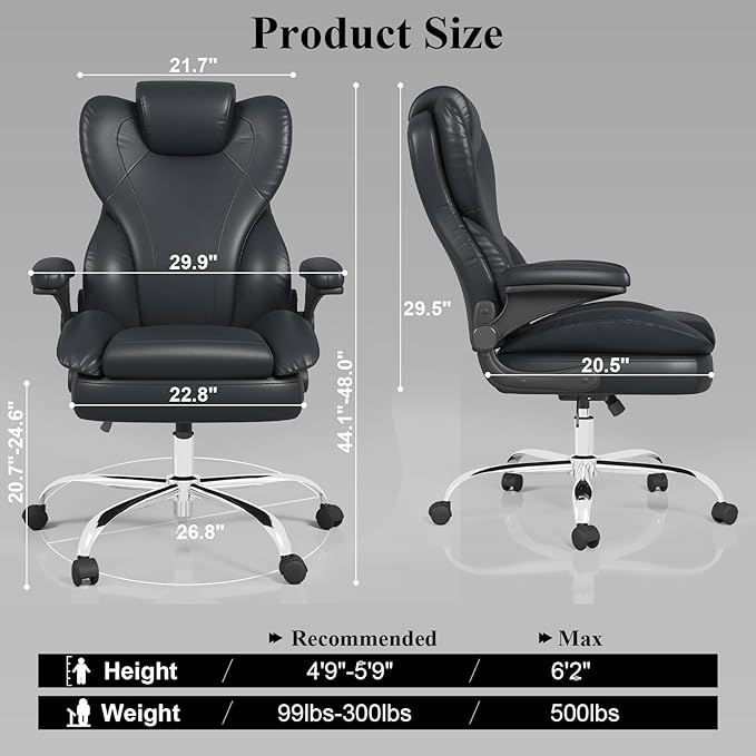 Office Desk Chair, Executive Leather Office Chair, High Back Ergonomic Home Desk Chair with Padded Flip-up Arms, Big and Tall Computer Chair with Rocking Function, 360°Swivel Free, Black